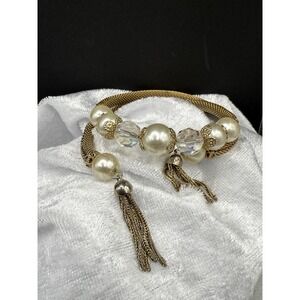 Vintage Mesh Bracelet‎ Tassles Gold Tone Faux Pearl Beads 7.5"